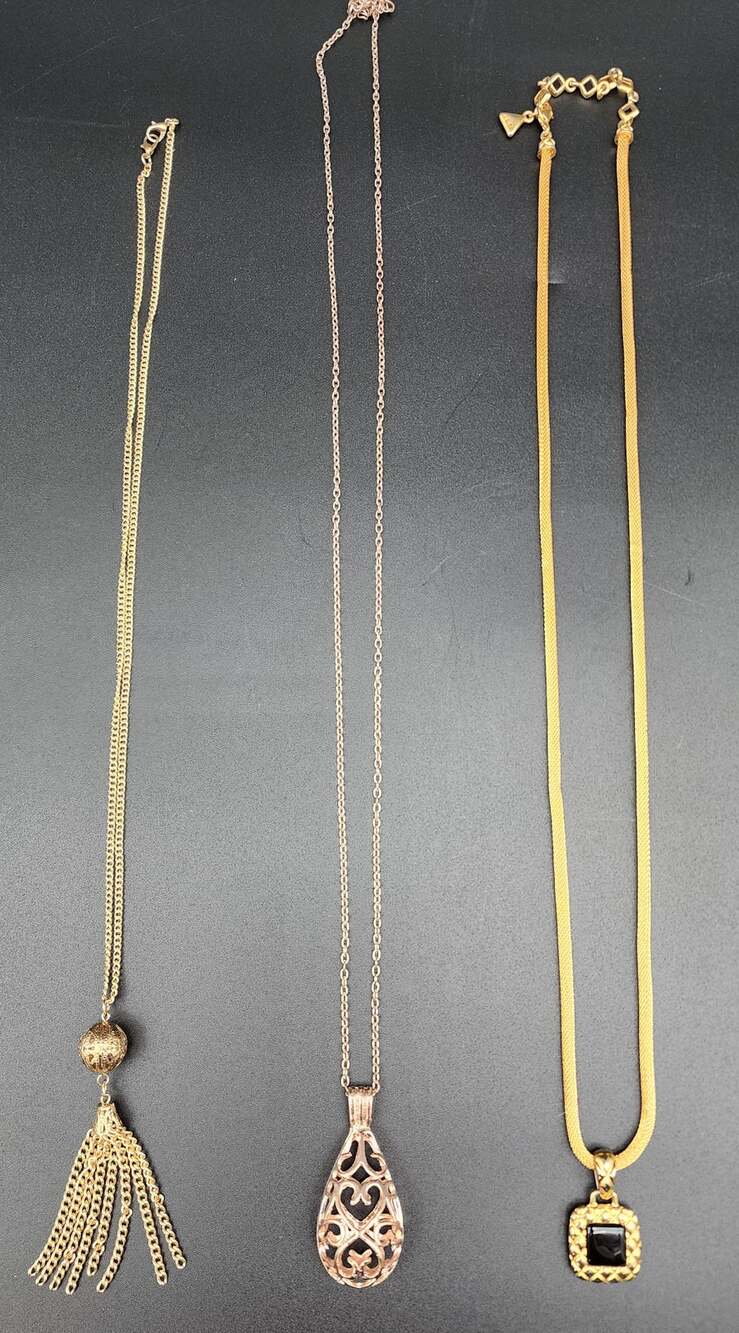 Set of 3 Vintage Gold & Rose Gold Necklaces Tassel Filigree Pendant Lot - 1980s